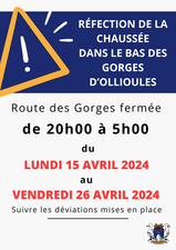 Travaux sur RDN8 : fermeture des Gorges entre 20h et 5h du 15 au 26 avril 2024