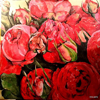 "Roses ou pivoines" oeuvre de Nina Parra (Evenos) - 80x80 cm