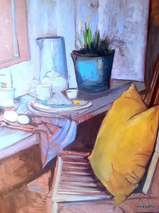 "Coussin jaune", oeuvre de Nina Parra (Evenos) - Acrylique, 73x60 cm
